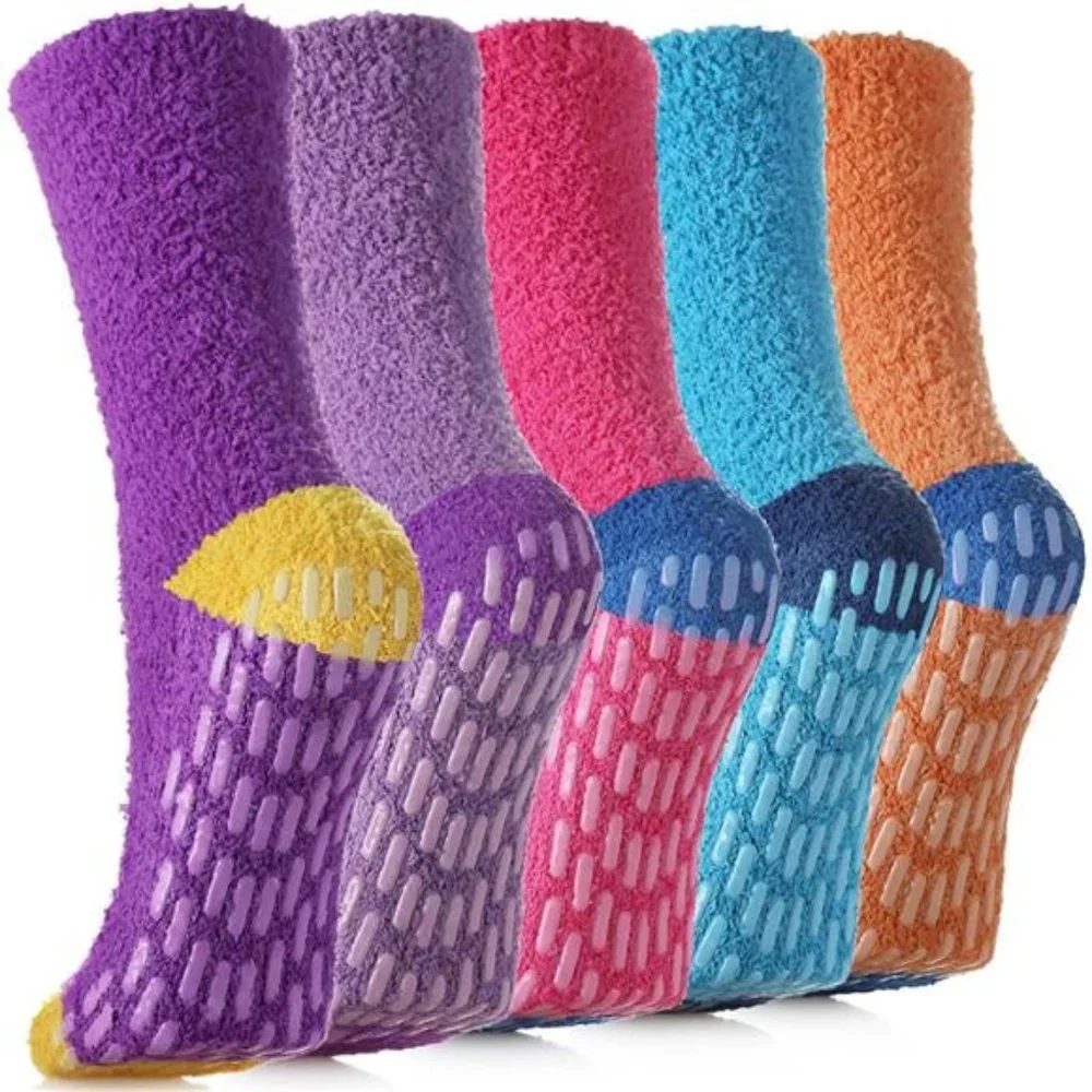 5 Pairs Women's Non Slip Hospital Socks Fuzzy Socks with Grips